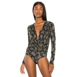 Free People Intimately Womens S Bodysuit Floral Long Sleeves Turnt Black Green